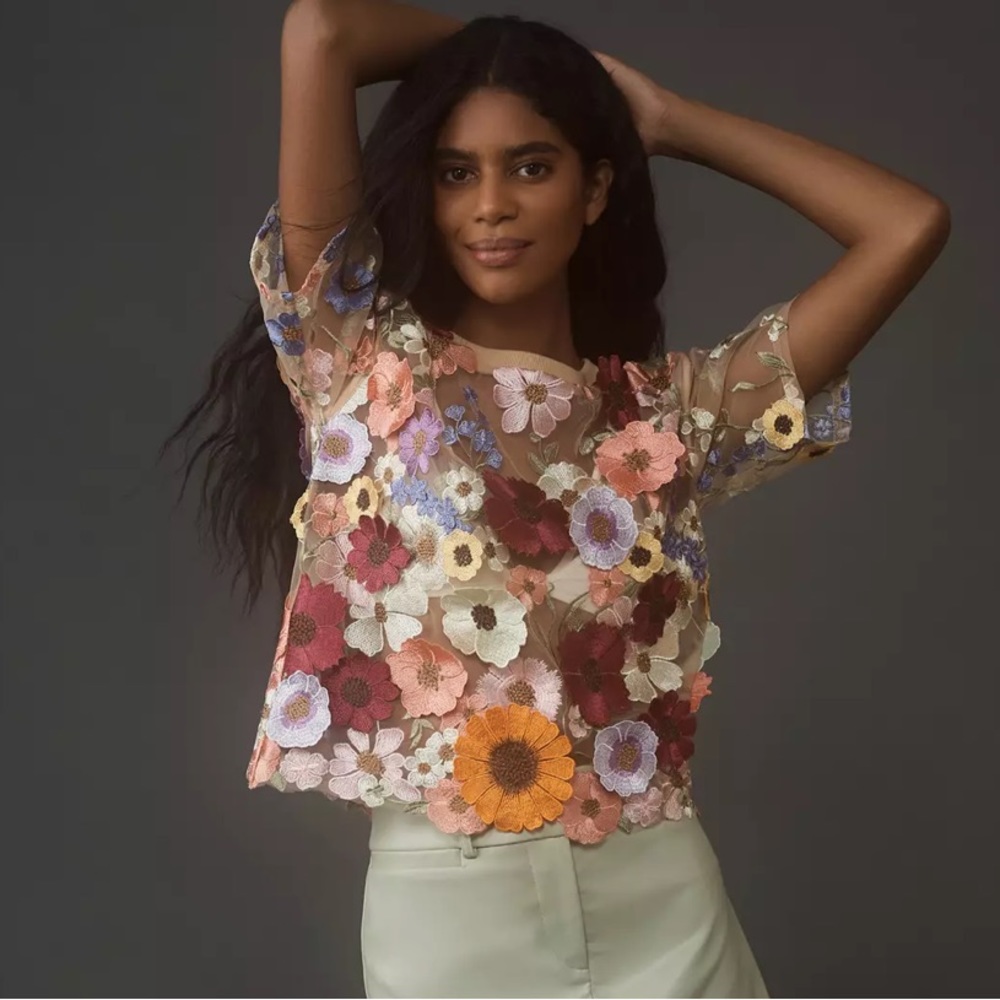 Anthropologie Dolan Flower Appliqué Sheer Tee
